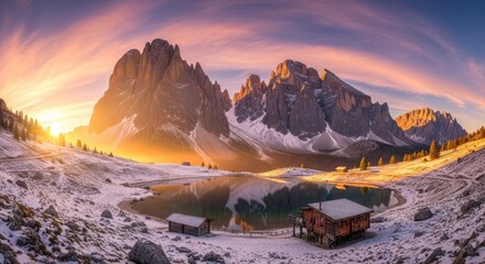 A breathtaking winter landscape with snow-capped mountains and a serene lake at sunset.