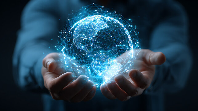 Man holding glowing digital earth network hands - Powered by Adobe