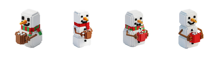 Four voxel snowmen holding cups of hot chocolate each wearing a scarf isolate