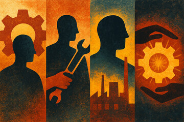 International Workers' Day and Labor Day: Industrial Professions, Solidarity, Hands Holding Tools, and Manufacturing Illustration, 1 May and first Monday in September