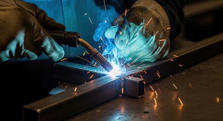 Industrial welder worker hands in gloves welding metal structure with bright sparks