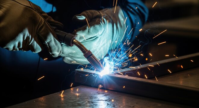 Industrial worker welding metal structure with bright sparks in a dark factory workshop