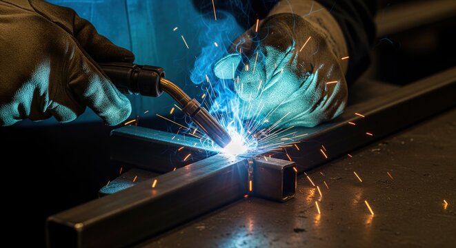 Industrial welder worker hands in gloves welding metal structure with bright sparks