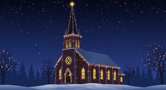 Illustration of a church adorned with Christmas lights under a starry winter night sky