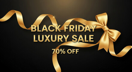Black Friday luxury sale with 70% discount on black background with gold ribbon for festive shopping promotions and holiday season savings this November