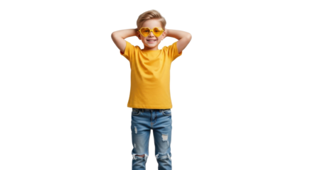 Happy young boy with heart sunglasses and yellow t-shirt striking a playful pose with a delightful smile