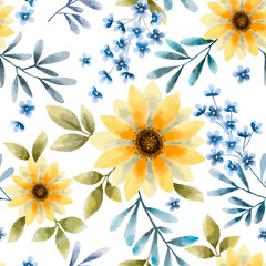 Yellow and blue flowers in watercolor style on white background seamless pattern for fabric textile wallpaper fashion design print.
