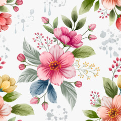 Seamless blooming floral pattern in watercolor style with splash on white background for spring and summer textile design and decoration