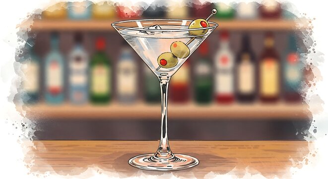 Illustration of a classic martini with olives, resting on a wooden bar with blurred bottles
