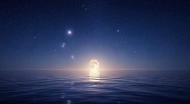 A serene night sky with a full moon and stars over a calm ocean.