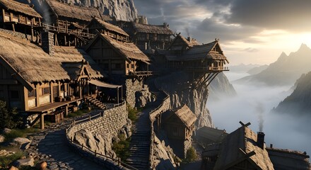 Cliffside village with medieval structures overlooking a dramatic drop