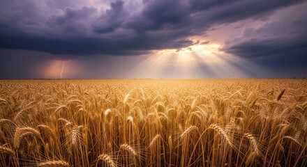 A golden wheat field under a dramatic sky with lightning bolts and sunbeams shining through the clouds.