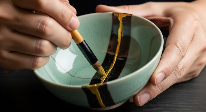 Master applying gold powder to a cracked ceramic bowl using japanese kintsugi technique