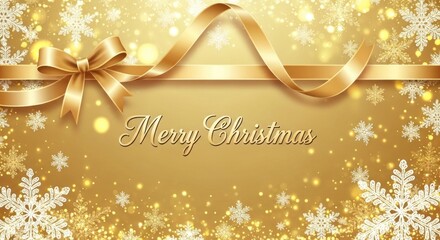 A festive golden background with a gold ribbon and snowflakes, featuring the words 'Merry Christmas' in a cursive font.