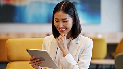 Smiling Asian woman enjoying digital content on tablet in a modern office lounge Happy young businesswoman browsing online expressing joy and connection  - Powered by Adobe