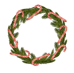 Evergreen christmas wreath with candy canes decoration.