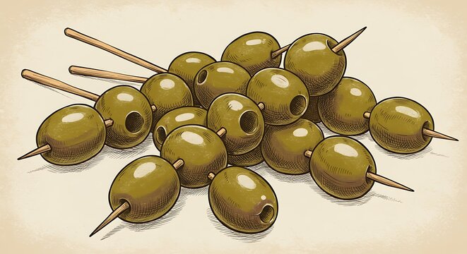 Illustration of a cluster of green olives on skewers, with a creamy, textured background