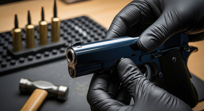 Professional gunsmith hands in black gloves holding a pistol for maintenance on a workbench