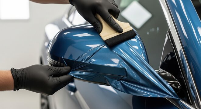 Car wrapping specialist putting blue vinyl foil on car mirror in workshop using a squeegee tool