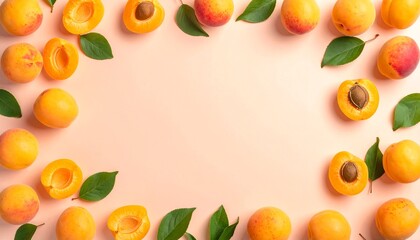 Fresh apricots arranged beautifully on a pastel background with green leaves