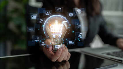 Concept of e-commerce and online shopping technology. A digital marketplace with a customer shopping cart, payment options, and worldwide delivery for a complete retail experience. Fermion