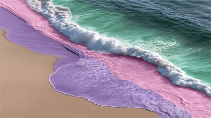 Bright pastel scene featuring white sand and soft pink overlay, blue ocean water forming a tranquil holiday atmosphere