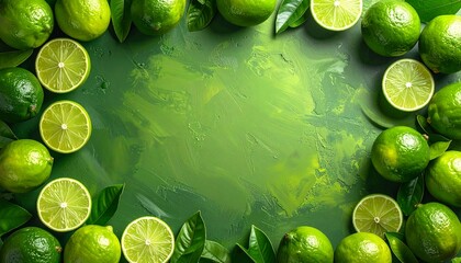 Fresh limes and green leaves create a vibrant border on a textured green surface for culinary inspiration