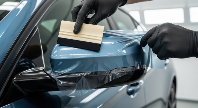 Professional car detailing hands applying protective film on side mirror with squeegee