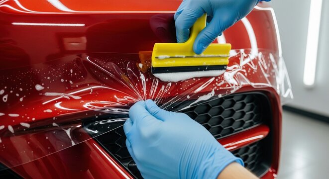 Worker hands applying transparent paint protection film on red car bumper with squeegee