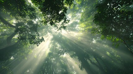 Ethereal light beams piercing the green foliage of a tranquil forest from a low angle view.