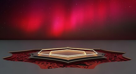 Elegant stage with geometric shapes against a cosmic red starry background