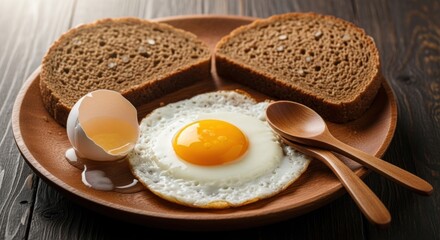 A breakfast scene with a fried egg, toast, and a cracked egg on a rustic wooden plate.