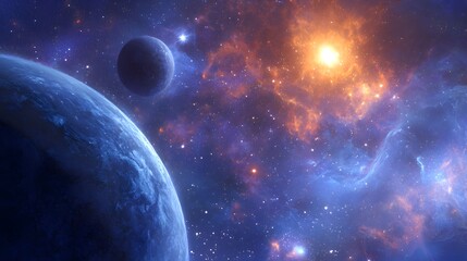 Obraz premium Exoplanets orbiting a bright star in a colorful deep space galaxy.