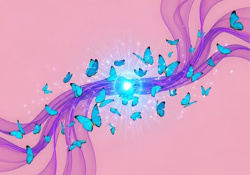 Elegant azure butterflies with glowing radiance and soft textile waves