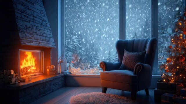 Cozy Living Room Scene With a Roaring Fireplace and a Lit Christmas Tree During a Gentle Snowfall Outside a Large Window