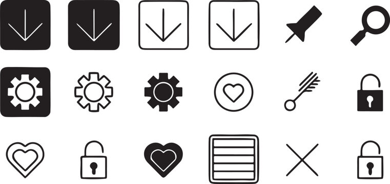 Minimalist Icon Assortment: A clean arrangement of essential icons, perfect for web and graphic design projects, conveying information with simplicity and precision.