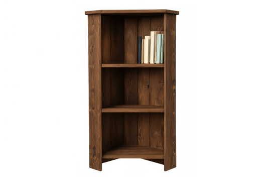 Wooden corner bookshelf with books and three shelves providing storage and organizing solutions for home interior design, transparent background