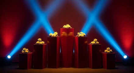 Elevated floral display spotlighted for an event or presentation stage