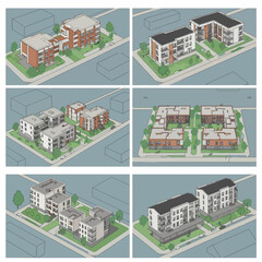 Naklejka premium Six distinct isometric views of modern residential building complexes with green spaces and urban layouts.