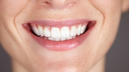 Extreme close up of a young womans perfect healthy white teeth smile.