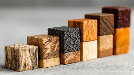 Unique wooden blocks showcase steady growth and natural textures ideal for sustainable business success and organic product concepts