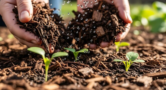 Nurturing new beginnings: hands scattering moist soil over delicate sprouts for vibrant growth