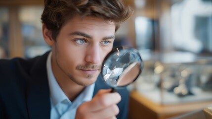 A jeweler inspecting a diamond under a magnifying glass, evaluating clarity and cut quality as light refracts through facets — luxury jewelry assessment, gemstone inspection, and high-value