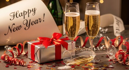 Two champagne glasses with a red ribbon and a gift box on a table with confetti and streamers.