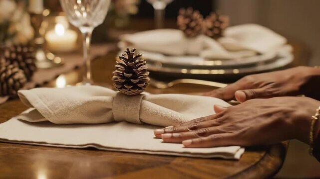 Elegant Table Setting with Pinecone Napkin Holders for Festive Dining
