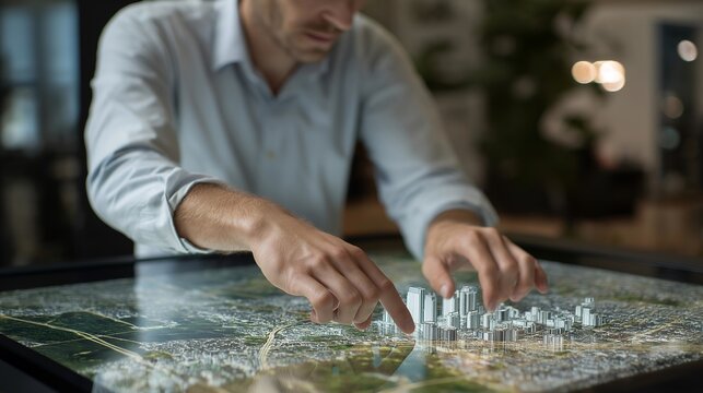A scalable smart city model displayed on an interactive table, planners rearranging digital buildings and transit systems to simulate population growth — urban planning innovation, future city