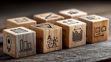 Wooden blocks displaying icons of global business, data analysis, and sustainable energy concepts for professional innovation projects