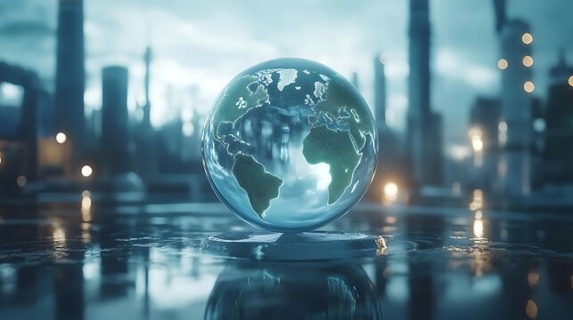 Mysterious glowing orb reflecting a futuristic city skyline at night