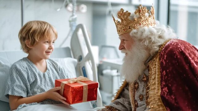 ni&ntilde;o enfermo con bata de hospital sentado en una cama de una habitacion, recibiendo una caja roja e regalo con cinta dorada del Rey Mago de navidad Melchor la noche de Reyes