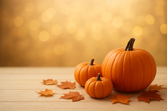 Thanksgiving Backgrounds With Copy Space ,Light wooden table + fall leaves, Soft bokeh + pumpkins, Thanksgiving Day 14th march in united states and 2nd Monday in October Canada, 